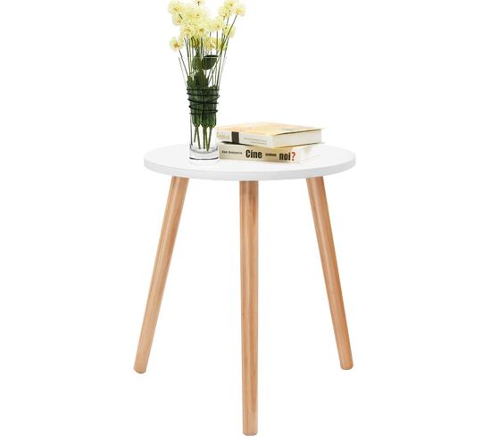 Table Basse Ronde Style Scandinave Moderne En Mdf Et Bois De Pin Dim. Ø40 X 48h Blanc