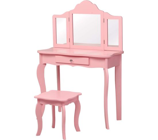 Coiffeuse Enfant Rose Avec Tabouret, Table De Maquillage Avec Miroir À Trois Panneaux Et Tiroir, 70