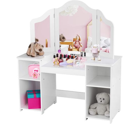 Coiffeuse Pour Enfants 2 En 1 Avec Miroir Amovible, Bureau Enfant Avec 4 Étagères, Blanc