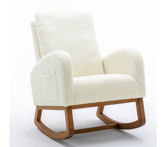 Fauteuil à Bascule Fauteuil Relax Rocking-chair Avec Poches Latérales Et Pieds En Bois Massif Blanc