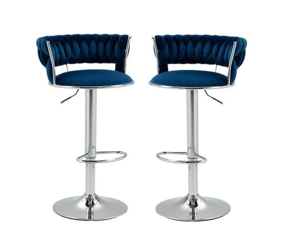 Lot De 2 Tabourets De Bar 360° Velours Bleu