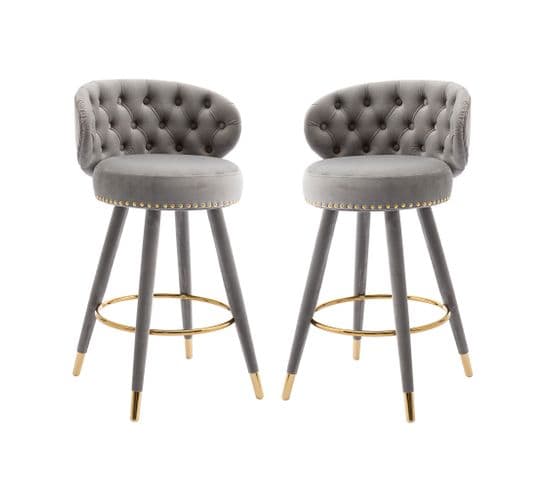 Lot De 2 Tabourets De Bar Gris 360° Velours Pieds En Bois