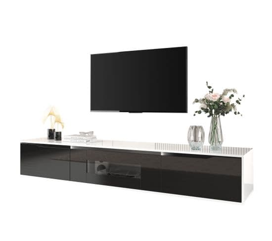 Meuble TV En LED Bois 180 Cm - 3 Portes - Support Télévision - Blanc Et Noir