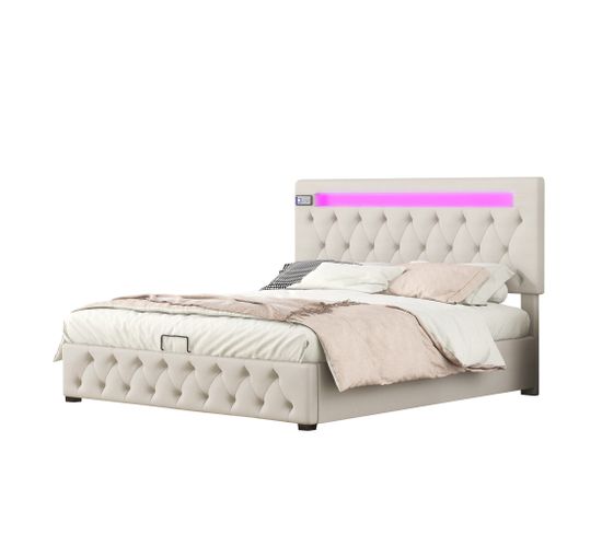 Lit Coffre À Rangement LED 140 X 200 Cm Lin Beige