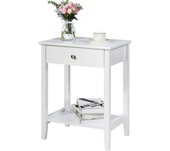 Table De Chevet À 2 Niveaux Avec 1 Tiroir Pour Chambre Salon Console, 47,5x36x62cm Blanc