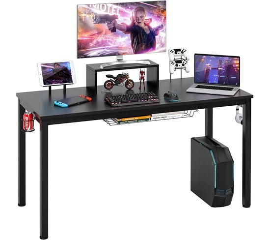 Bureau Gaming, Gamer Table Avec Etagère Pour Ecran, Crochet Casque140 X 60 X 74 Cm, Montage Facile