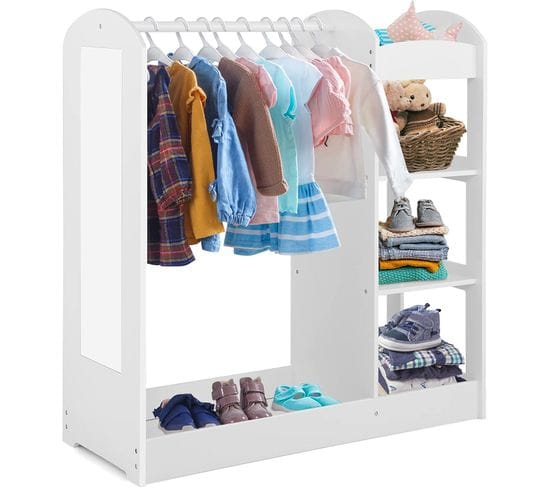 Meuble Rangement Ouverte Pour Enfant Avec 4 Étagères Et Porte-vêtements 93,5x 38 X 100 Cm Blanc