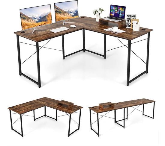 Bureau D'angle En L Réversible Avec Support De Moniteur -150 X 150 X 74 Cm Marron Rustique