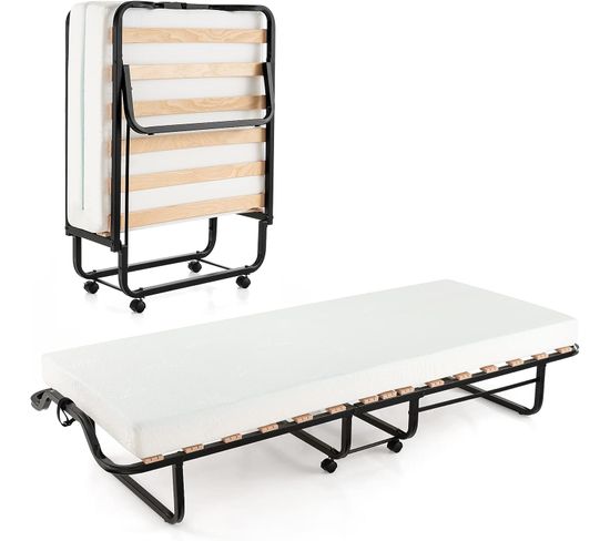 Lit Pliant 1 Personne Adulte 199x78cm Avec Matelas En Mousse Et Cadre En Métal, Lit D’apoint Pliable