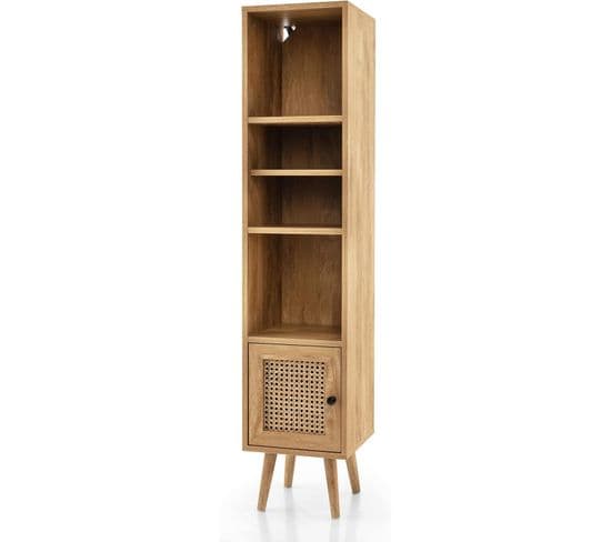 Meuble Colonne De Rangement Avec Porte Rotin Et Pieds En Bois Massif 29,5 x 29,5 x 137 cm