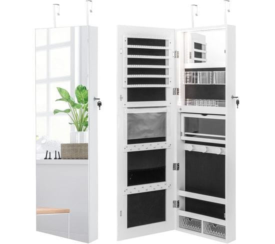 Armoire À Bijoux Murale Avec Miroir Pleine Longueur Hd, Inclus Lumières Tricolores, Organisateur