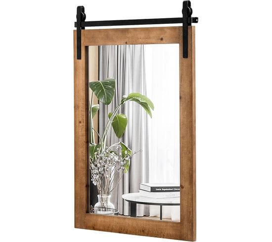 Miroir Mural Rustique Avec Cadre En Bois Massif, Miroir Suspendu  76 X 56 Cm (marron)