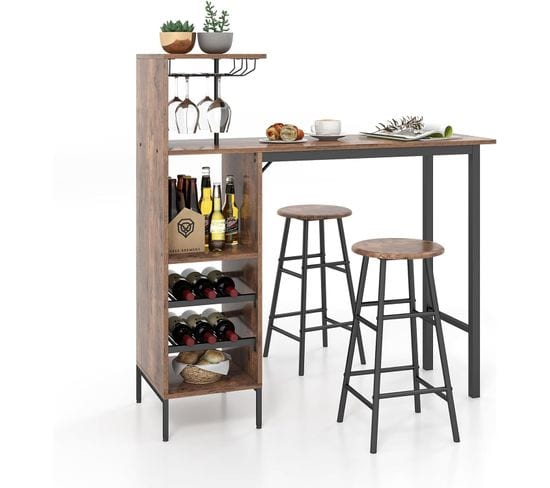 Table Haute Cuisine Avec Tabouret, Mange Debout Industriel Avec Porte-verre Porte-bouteilles