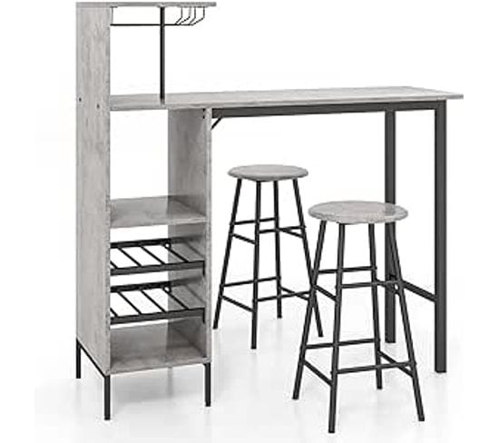 Table Haute Cuisine Avec Tabouret, Mange Debout Industriel Avec Porte-verre Porte-bouteilles