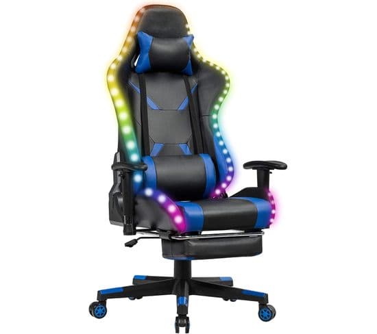 Chaise Gaming Rgb/led, Chaise Gamer Ergonomique Avec Soutien Lombaire, Appui-tête (bleu)