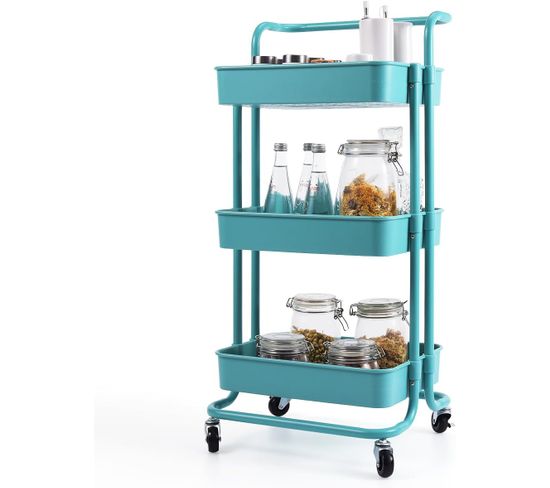 Chariot De Rangement Avec 3 Paniers Et Poignée, 60kg Pour Cuisine, Bureau, 42 X 35 X 87 Cm (bleu)