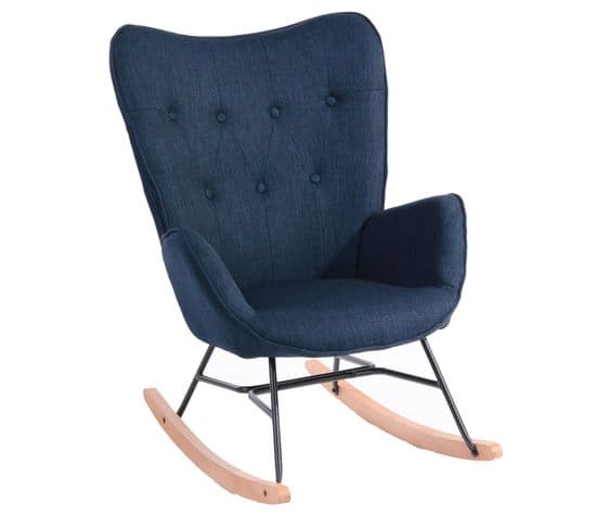 Fauteuil À Bascule En Tissu Bleu Foncé Scandinave, Rocking Chair, pour Salon, Chambre