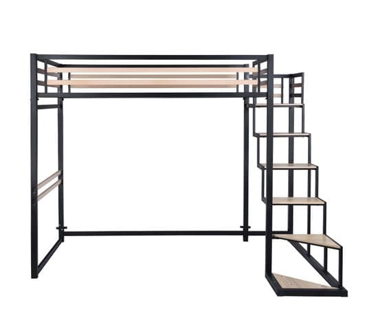 Lit mezzanine pour 2 Personnes Sommier inclus 140 x 200cm Métal noir et effet chêne Style Industriel