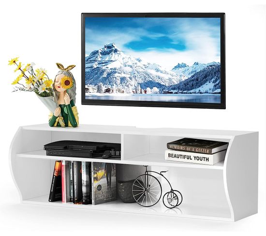 Meuble TV Mural Flottant Avec 3 Compartiments Ouverts, 123 X 41 X 41 Cm Blanc