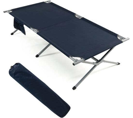 Lit De Camping Pliable, Lit De Plage Extérieur Avec Et Poche, Lit De Camp Léger Et Portable Bleu