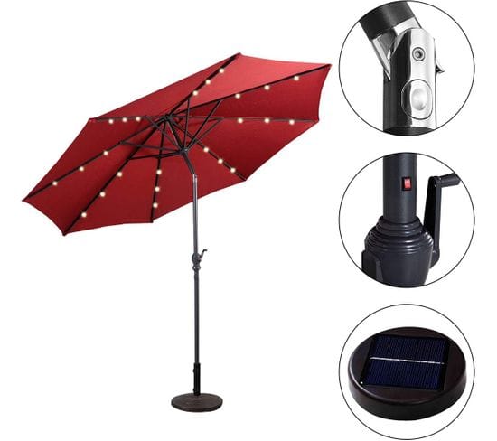 Parasol De Jardin Dia 300 Cm/parasol Déporté Et Inclinable De Jardin Avec 24 LED Vin Rouge