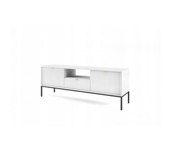 Meuble TV Blanc 154x56x39cm Noemie Meuble Hi-fi Commode TV Sur Pied