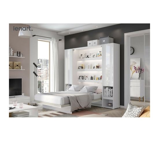 Armoire Lit Escamotable +2 Placards Tiroir Vertical 120x200 Cm Blanc Brillant Lit Mural"consus"