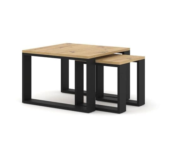 Table Basse Set De 2 60x60 Et 38x38 Moderne De Haute Qualité Chene Artisan Pied Noir Nuka M