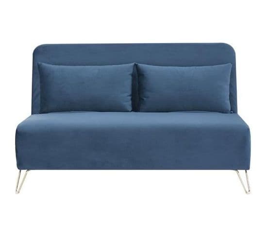 Banquette Convertible 2 Places - Velours Bleu - Style Scandinave - L 130 X P 90 X H 81 Cm - Deplo