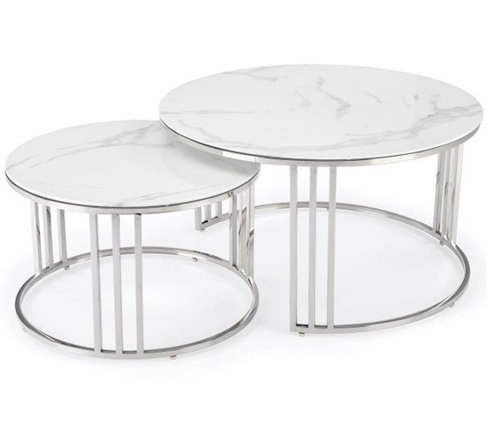 Ensemble De Deux Tables Basses Rondes Aspect Marbre Blanc Rimini