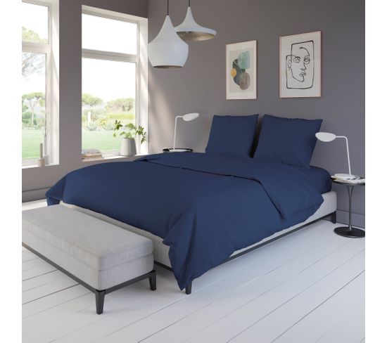 Housse de couette 260x240 cm DREAMEA Percale BLEU