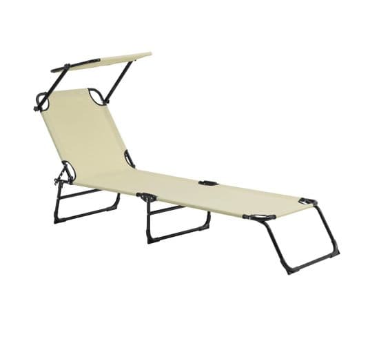 Bain De Soleil Transat Chaise Longue Pliable Avec Pare-soleil Acier Pvc Polyester 187 Cm Crème 03_0