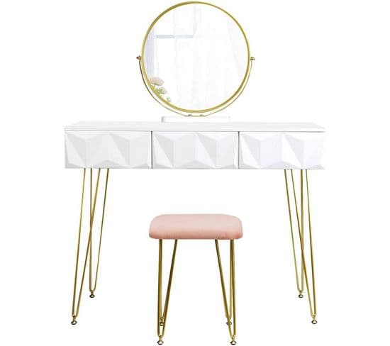 Coiffeuse Avec Tabouret Et Miroir Pivotant Moderne 100 Cm Rond Blanc Doré 19_0000184