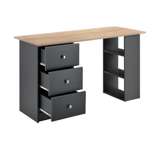 Bureau Table Secrétaire Poste De Travail Informatique Avec 3 Tiroirs 120 Cm Gris Foncé Et Bois 03_0