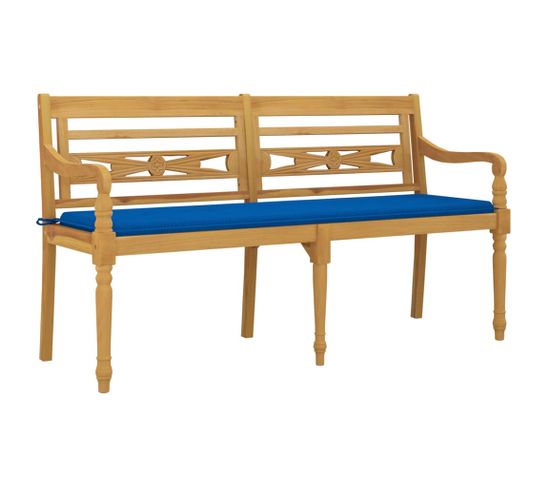 Banc De Jardin Meuble De Patio D'extérieur Terrasse Avec Coussin Bleu Royal 150 Cm Bois De Teck