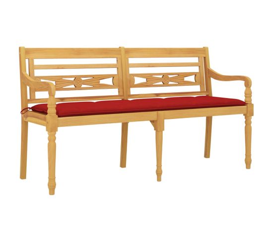 Banc De Jardin Meuble De Patio D'extérieur Terrasse Avec Coussin Rouge 150 Cm Bois De Teck Massif