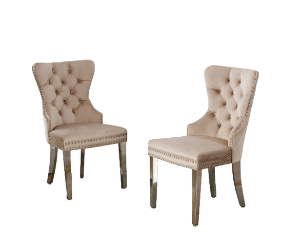 Ensemble de 2 chaise de salle à manger rembourrée, pieds en métal, revêtement en velours, beige