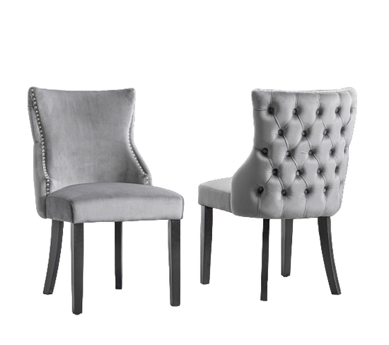 Lot de 2 Chaise de salon en velours gris, avec matelassage à boutons, structure en bois massif, gris