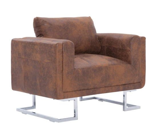 Fauteuil Chaise Siège Lounge Design Club Sofa Salon Cube Marron Similicuir Daim 1102275