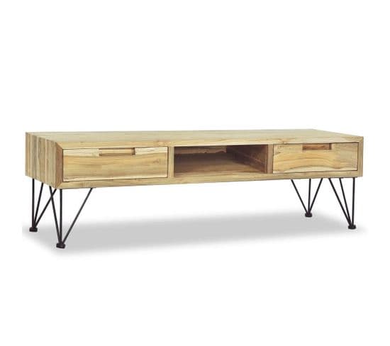 Meuble Télé Buffet TV Télévision Design Pratique 120 Cm Teck Massif Beige 2502249