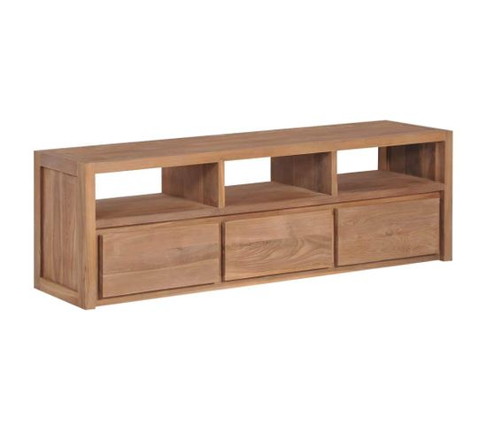 Meuble Télé Buffet TV Télévision Design Pratique Bois Massif De Teck Et Finition Naturelle 120 Cm 2