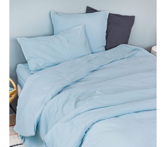 Housse De Couette Unie En Coton Lavé - 200x200 Cm - Bleu Ciel