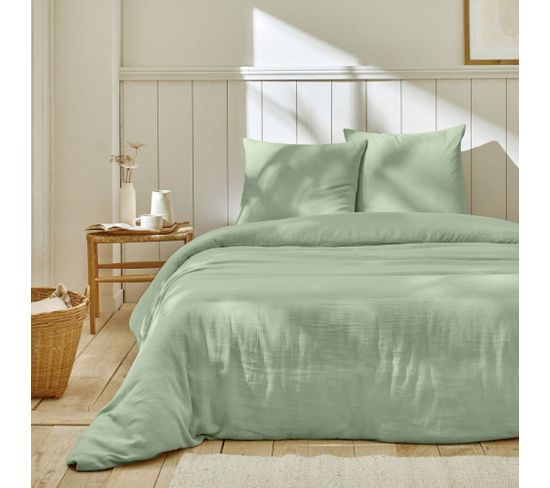 Housse De Couette 240x260 Cm + 2 Taies 100% Gaze De Coton Vert Olive