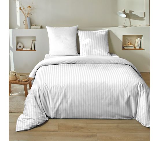 Housse De Couette 220x240 Cm + 2 Taies 100% Satin De Coton Raye Blanc