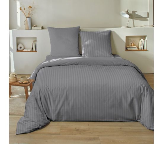 Housse De Couette 240x260 Cm + 2 Taies 100% Satin De Coton Raye Gris