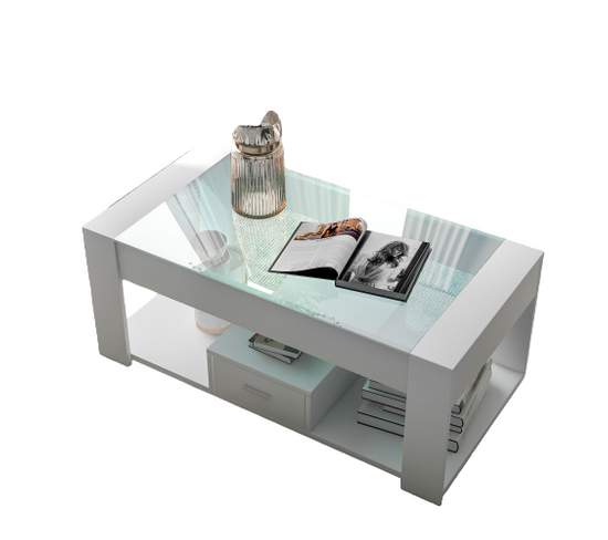 Table basse de salon avec plateau en verre 100x50x40, casiers et rangements, blanc
