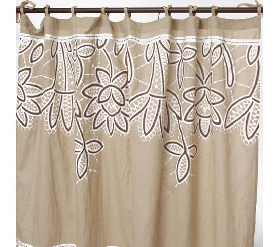 Rideau En Coton Couleur Lin Et Blanc à Motifs Floraux 140x250 - Ange