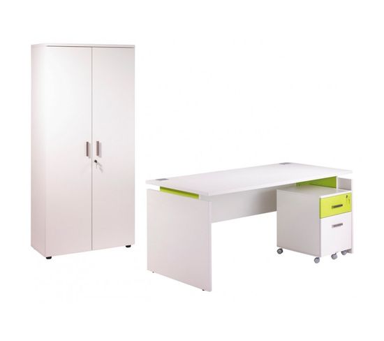 Pack Bureau 160 + Caisson 2 Tiroirs + Armoire Blanc Anis Ineo