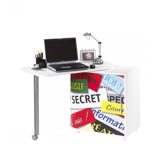 Bureau Informatique Blanc Et Table Pivotante - Coloris: Top Secret 300