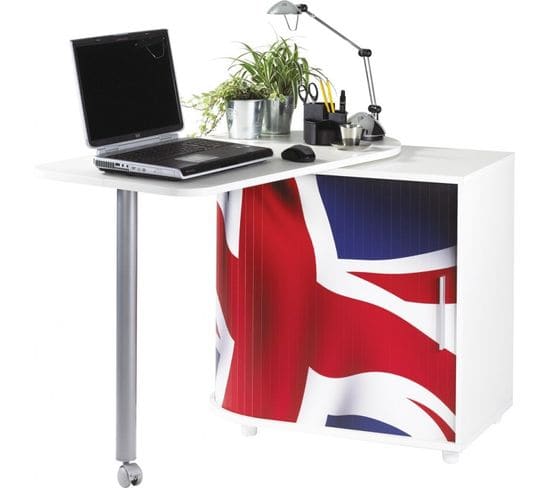 Bureau Informatique Blanc Et Table Pivotante - Coloris: Drapeau Anglais 701